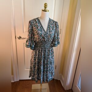 Max Studio Faux Wrap Smocked Waist Flutter Sleeve Mini Green Floral Dress NWOT